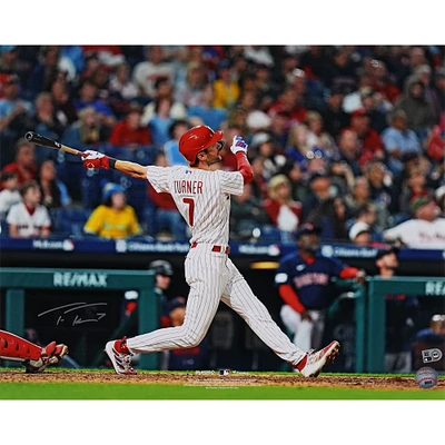 Trea Turner Philadelphia Phillies Autographed 16" x 20" White Jersey Hitting Photograph