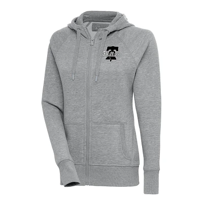 Sweat à capuche entièrement zippé en métal brossé Antigua Heather Grey Philadelphia Phillies pour femme