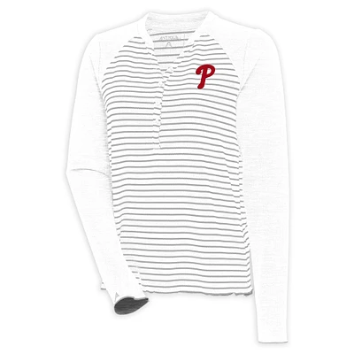Women's Antigua  White/Gray Philadelphia Phillies Maverick Henley Long Sleeve T-Shirt