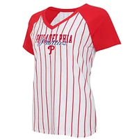 T-shirt raglan à col en V et fines rayures Concepts Sport pour femmes des Phillies de Philadelphie, blanc/rouge