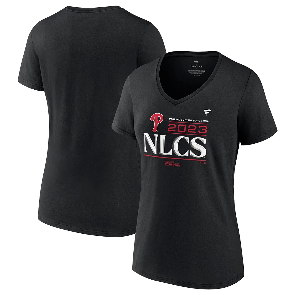 T-shirt noir à col en V pour femmes Fanatics des Phillies de Philadelphie 2023 Division Series Winner Locker Room