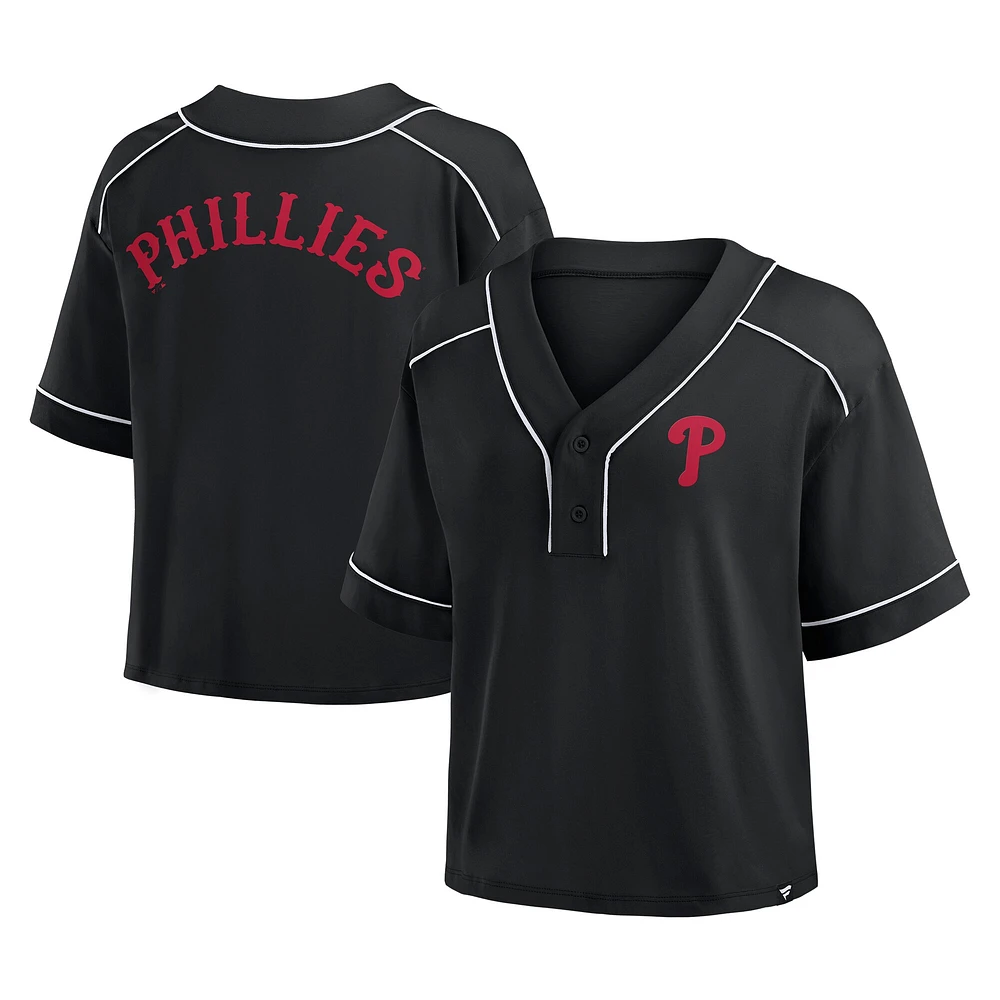 T-shirt court à col en V surdimensionné noir des Phillies de Philadelphie pour femme