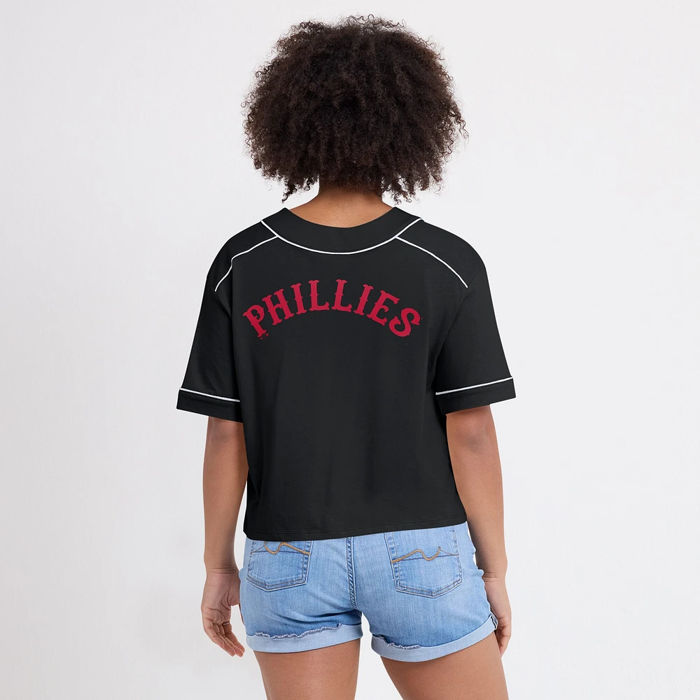 T-shirt court à col en V surdimensionné noir des Phillies de Philadelphie pour femme