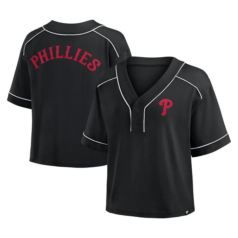 T-shirt court à col en V surdimensionné noir des Phillies de Philadelphie pour femme