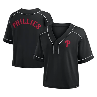 T-shirt court à col en V surdimensionné noir des Phillies de Philadelphie pour femme