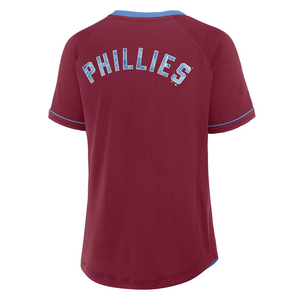 Women's Fanatics  Burgundy Philadelphia Phillies Cooperstown Collection League Diva V-Neck T-Shirt