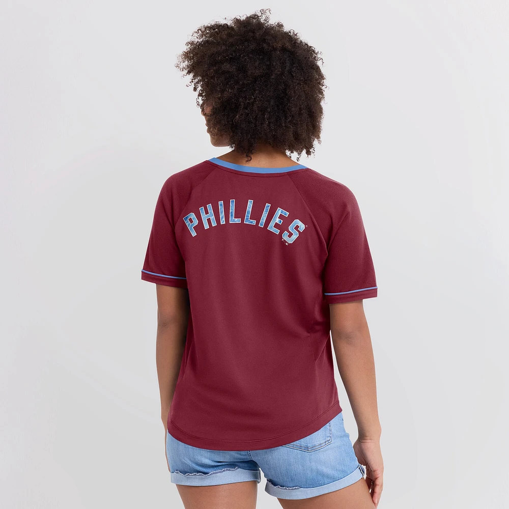 Women's Fanatics  Burgundy Philadelphia Phillies Cooperstown Collection League Diva V-Neck T-Shirt