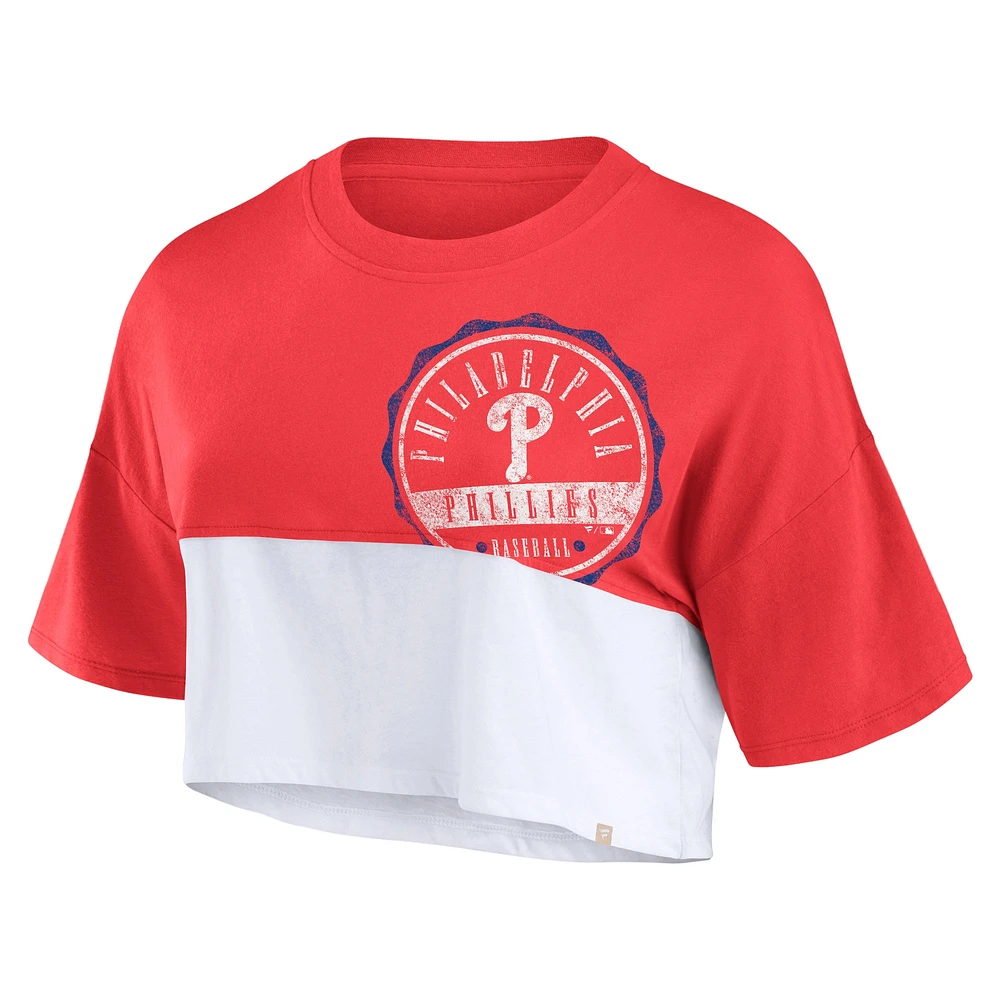 T-shirt court carré fendu couleur fanatiques pour femmes, rouge chiné/blanc des Phillies de Philadelphie