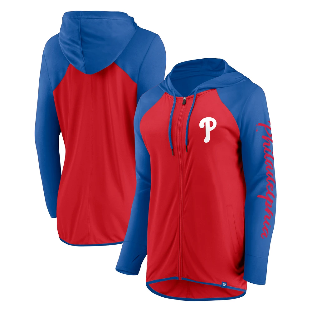 Sweat à capuche zippé manches longues avec inscription Philadelphia Phillies rouge/bleu marine Fanatics pour femme