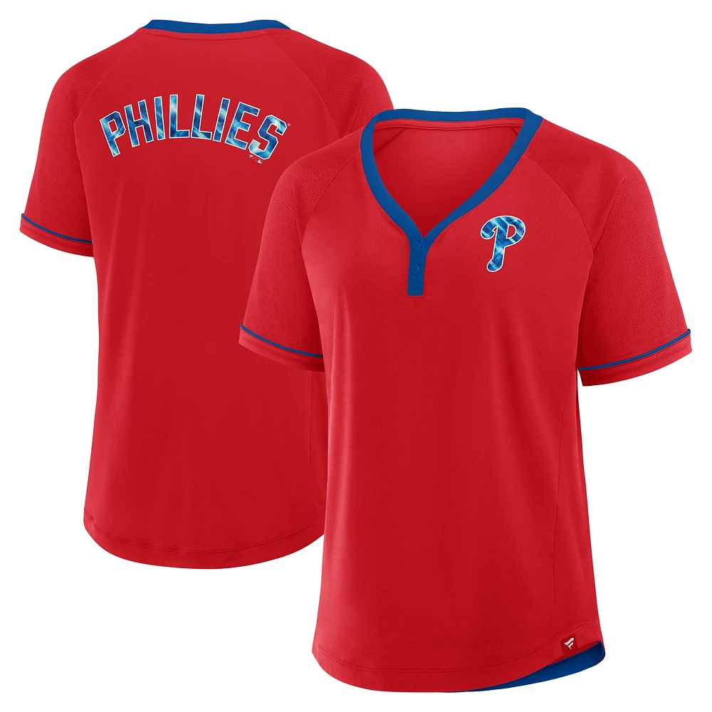 T-shirt à col en V raglan rouge pour femme avec logo de la ligue des Philadelphia Phillies Diva Star