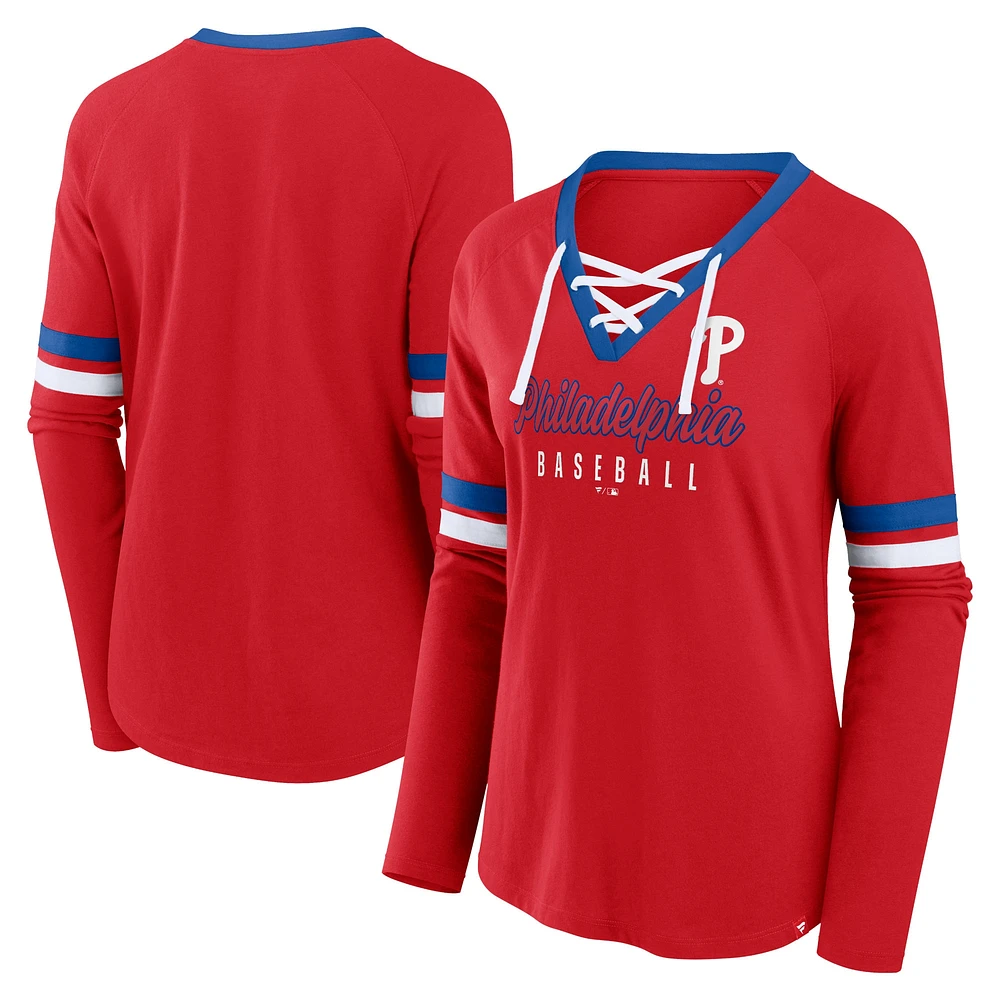 T-shirt à manches longues et lacets raglan pour femme Fanatics Red Philadelphia Phillies Won & Done