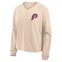 Women's Fanatics Tan Philadelphia Phillies Oversized Stadium Slub Long Sleeve Henley T-Shirt