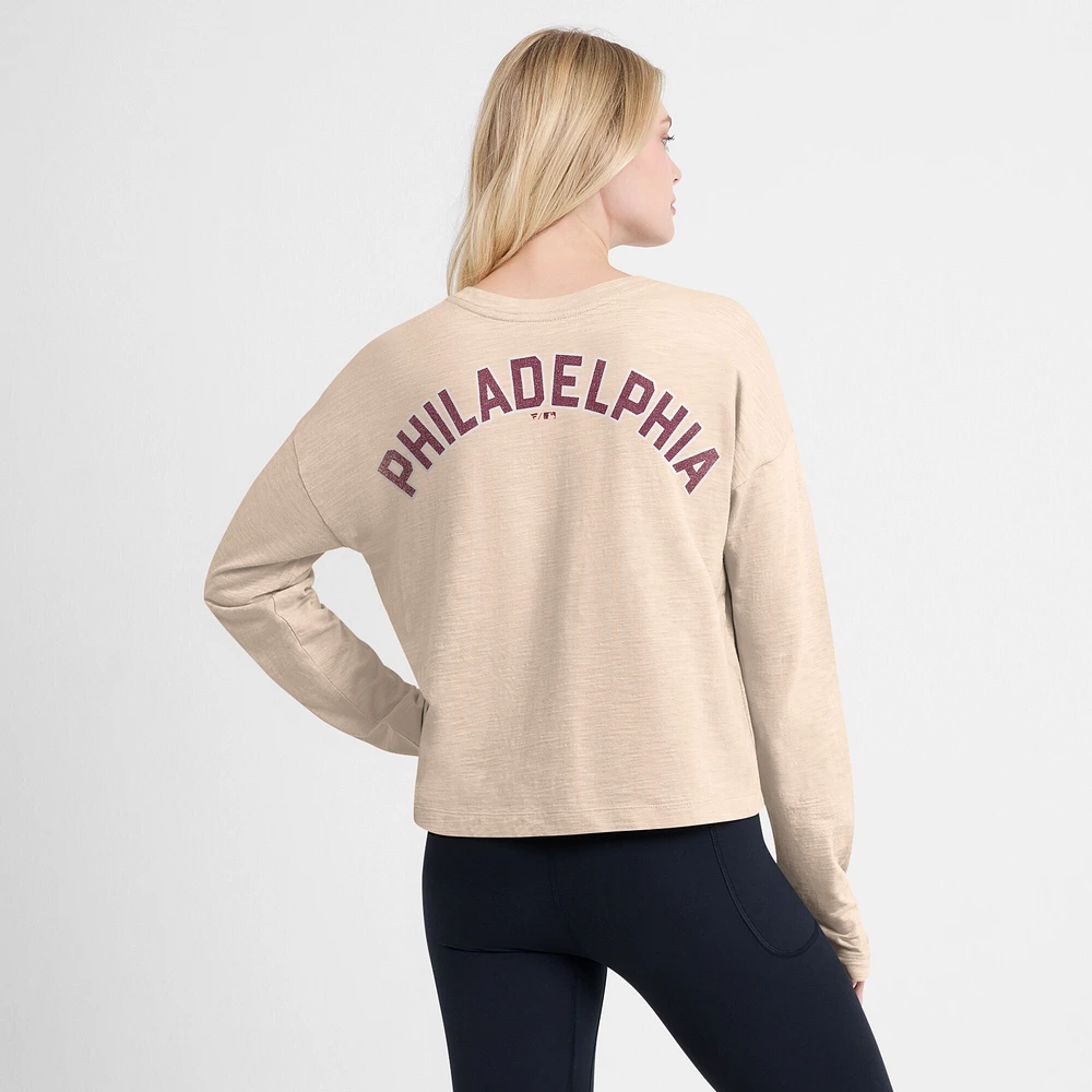 Women's Fanatics Tan Philadelphia Phillies Oversized Stadium Slub Long Sleeve Henley T-Shirt