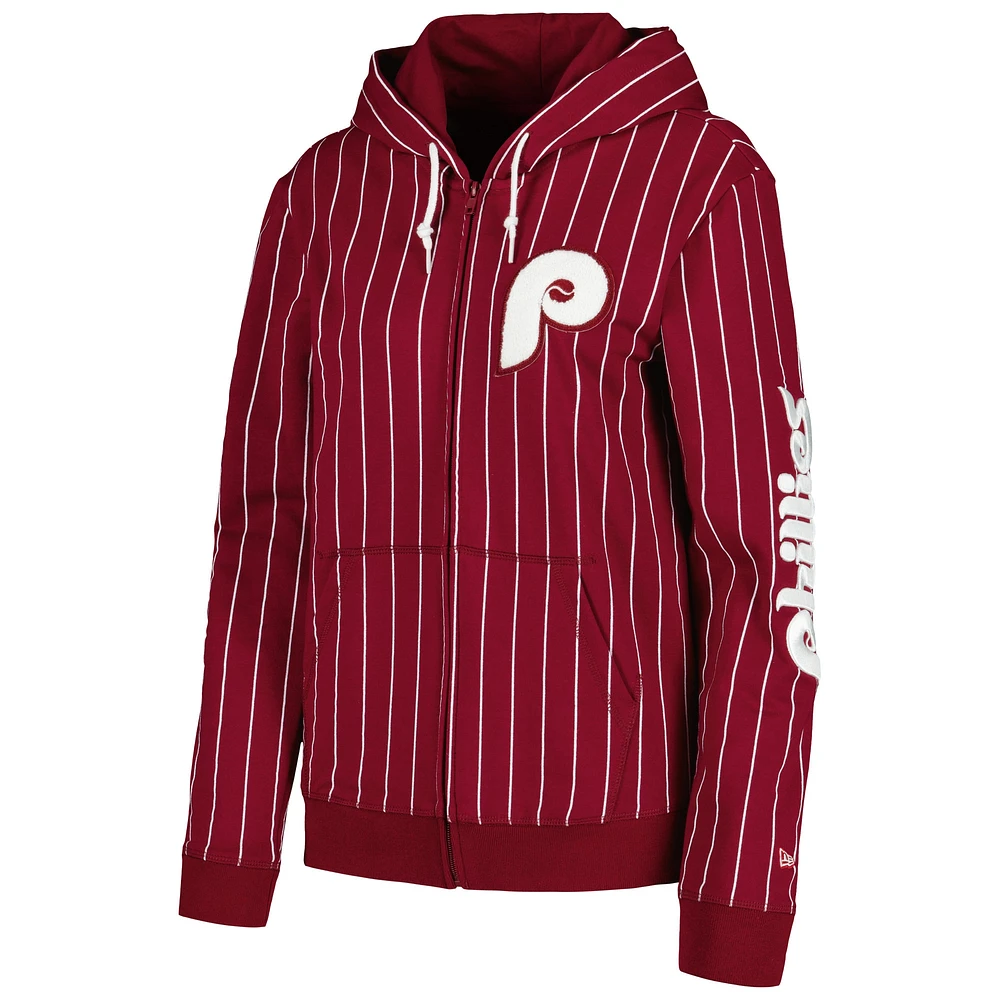 Veste à fermeture éclair intégrale tri-mélange fines rayures New Era pour femmes des Phillies de Philadelphie Cooperstown Collection bordeaux