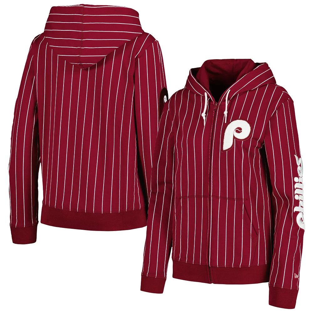 Veste à fermeture éclair intégrale tri-mélange fines rayures New Era pour femmes des Phillies de Philadelphie Cooperstown Collection bordeaux