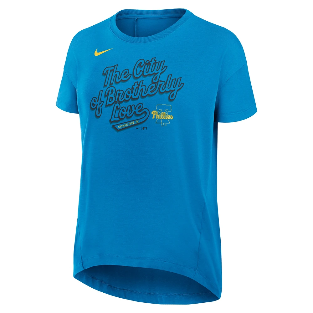 T-shirt Nike bleu pour femme City Connect 2025 des Philadelphia Phillies, fluide et performant, à trois mélanges
