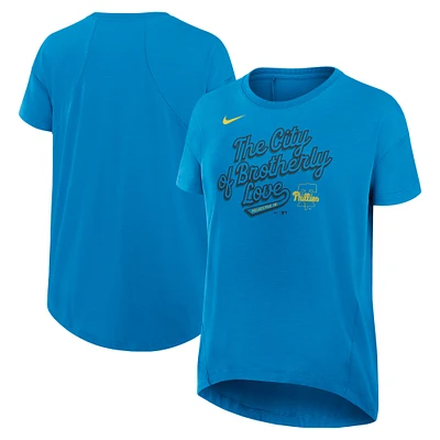 T-shirt Nike bleu pour femme City Connect 2025 des Philadelphia Phillies, fluide et performant, à trois mélanges