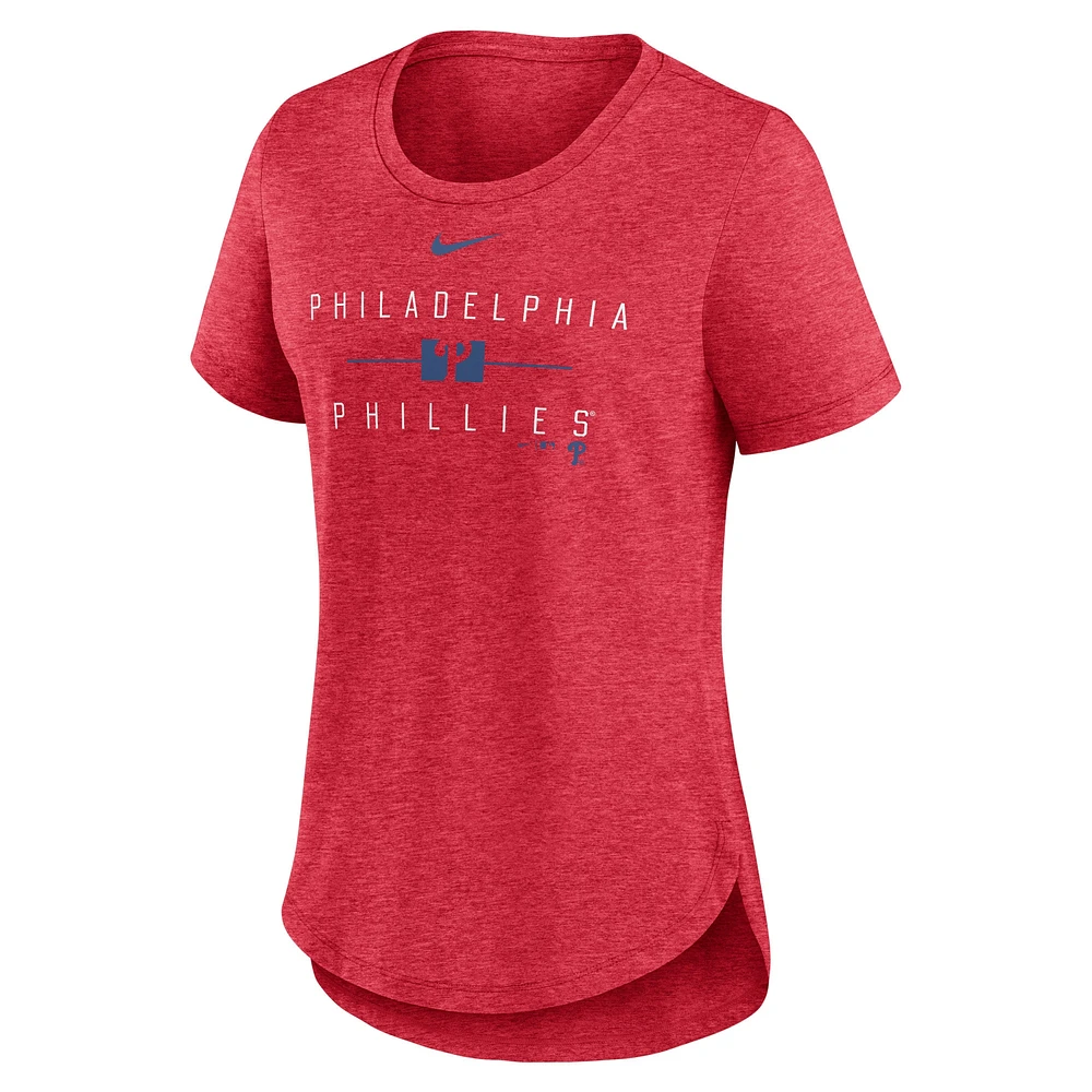 T-shirt tri-mélange Nike Heather Red Philadelphia Phillies Knockout Team Stack pour femme