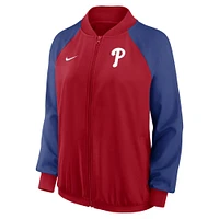 Veste à glissière pleine longueur Nike Phillies de Philadelphie Authentic Collection Team Raglan Performance pour femme rouge