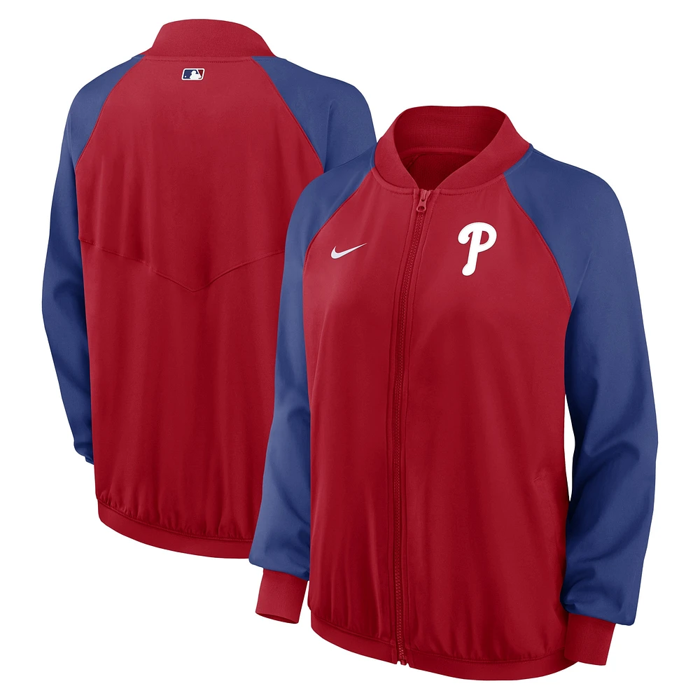 Veste à glissière pleine longueur Nike Phillies de Philadelphie Authentic Collection Team Raglan Performance pour femme rouge