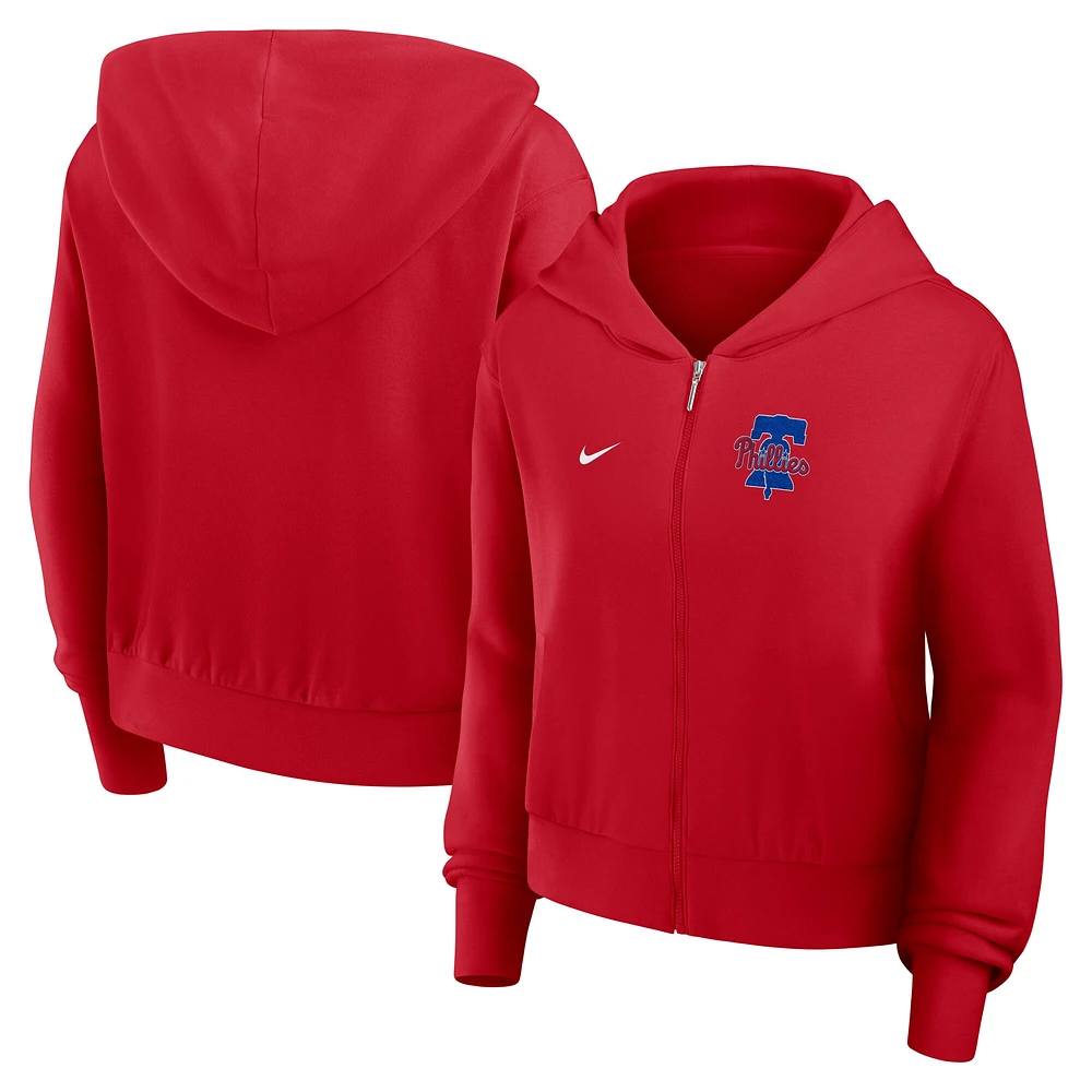 Sweat à capuche Nike rouge Philadelphia Phillies Cropped Chill entièrement zippé pour femme