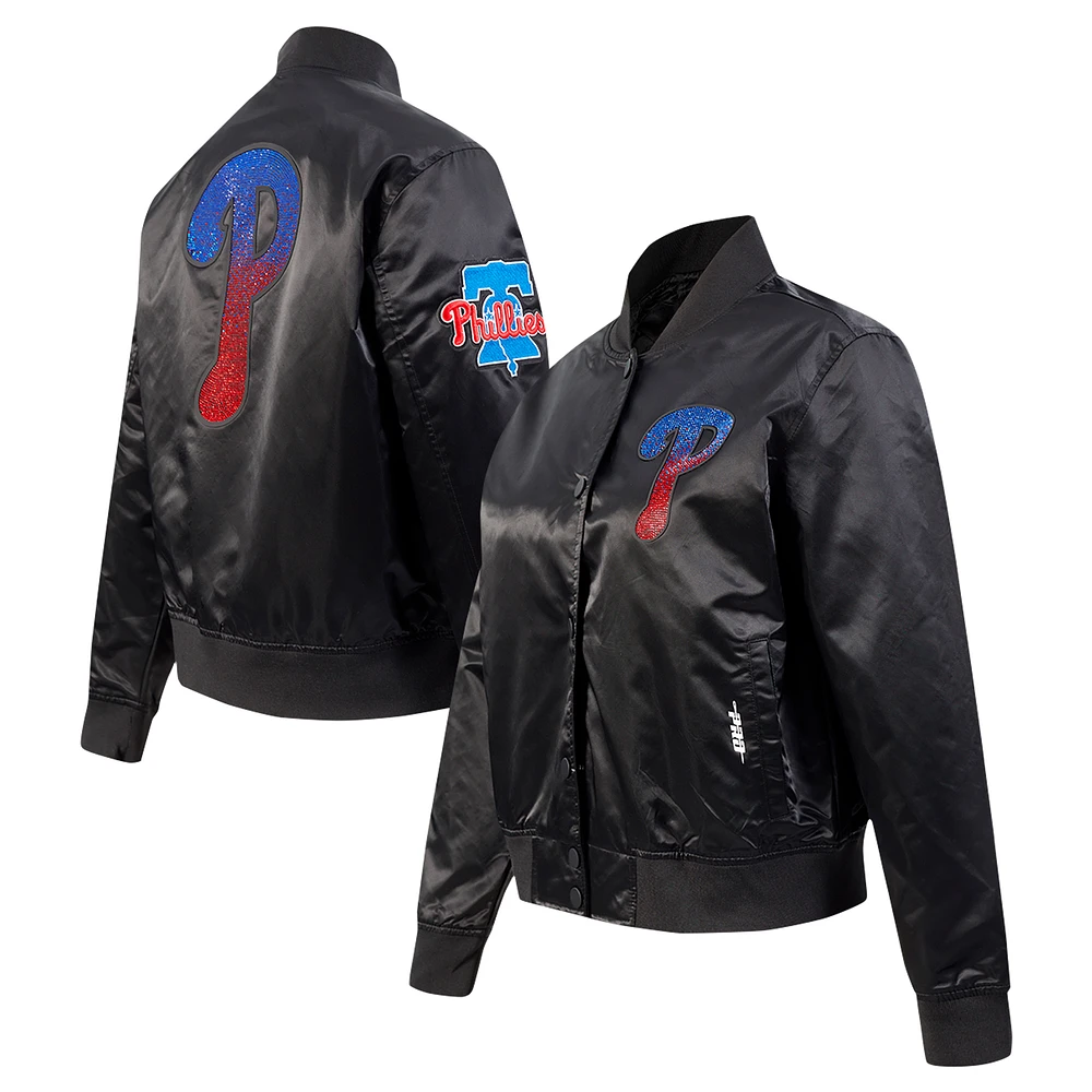 Veste à boutons-pression en satin strass noir Pro Standard des Philadelphia Phillies pour femme