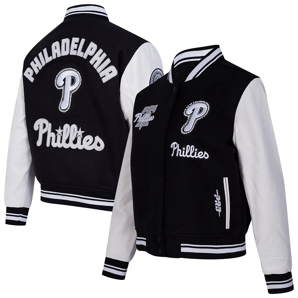 Veste universitaire entièrement zippée en laine côtelée Pro Standard noire pour femme Philadelphia Phillies Pearls