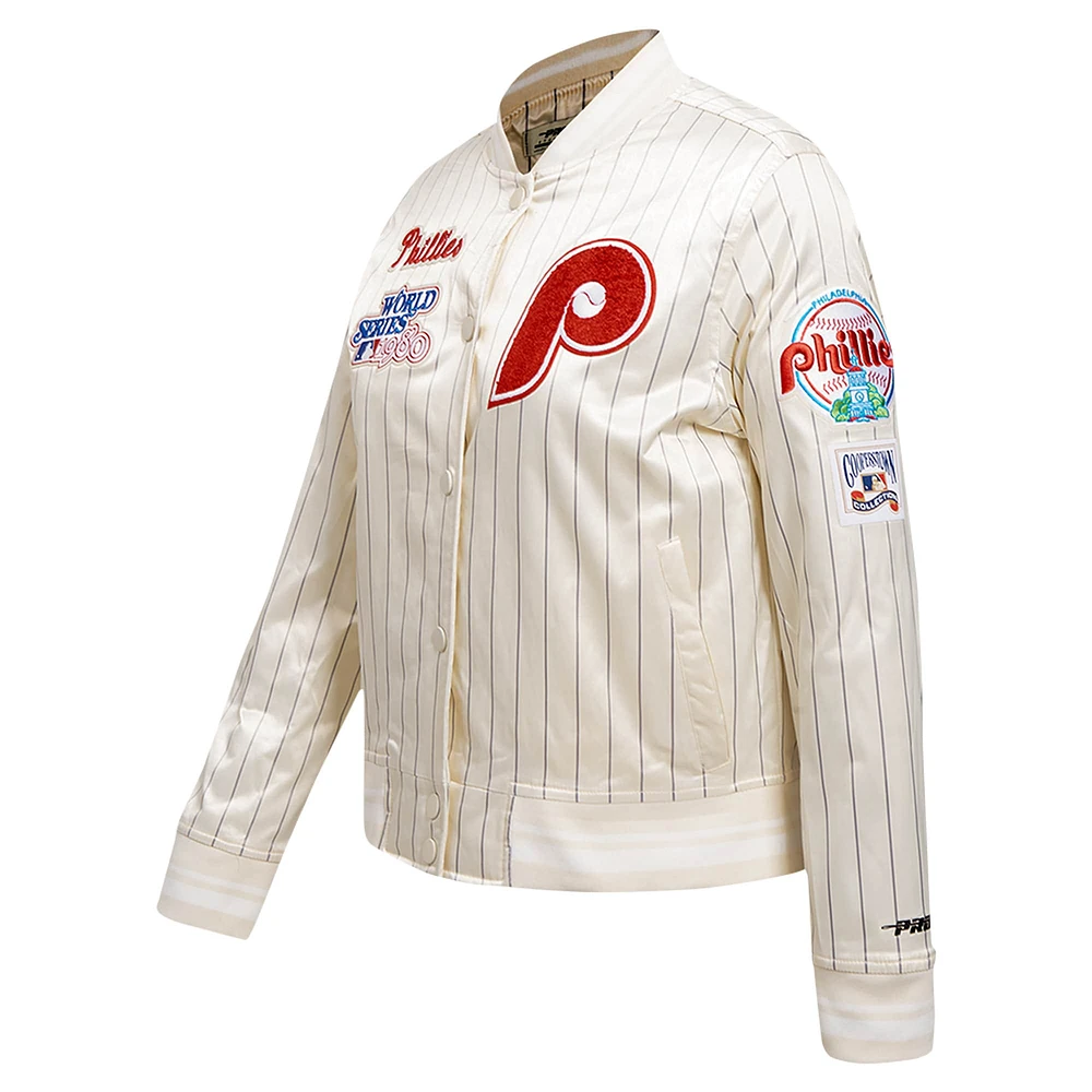 Veste en satin à boutons complets rétro classique rayures fines pour femme Pro Standard Crème des Philadelphia Phillies Cooperstown Collection