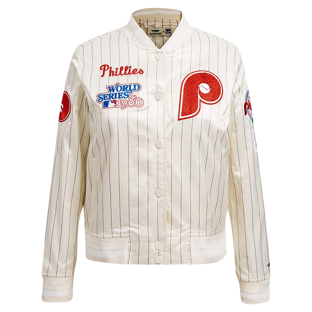 Veste en satin à boutons complets rétro classique rayures fines pour femme Pro Standard Crème des Philadelphia Phillies Cooperstown Collection