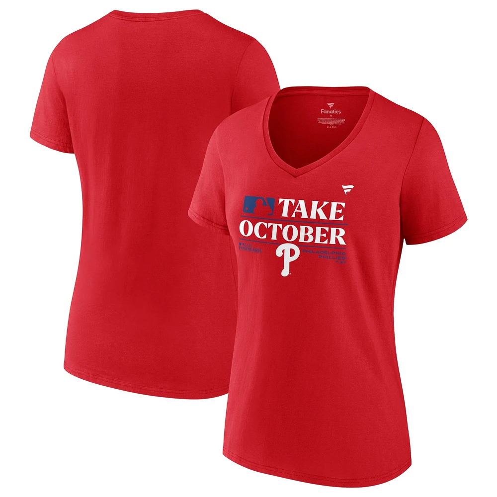 T-shirt rouge à col en V pour femme des Philadelphia Phillies 2023 Postseason Locker Room