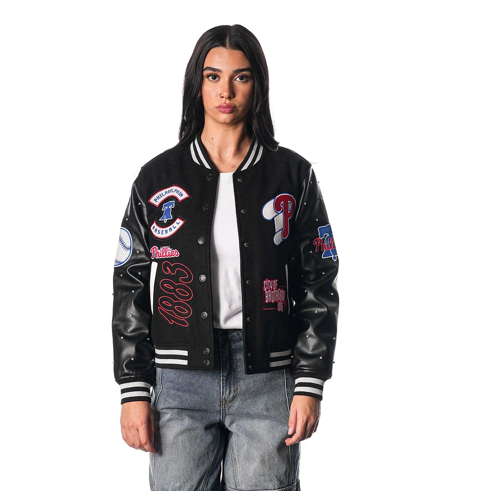 Women's The Wild Collective Black Philadelphia Phillies Full-Snap Varsity Jacket