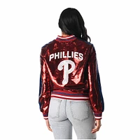 Blouson aviateur entièrement zippé à sequins The Wild Collective pour femme, bordeaux, Philadelphia Phillies