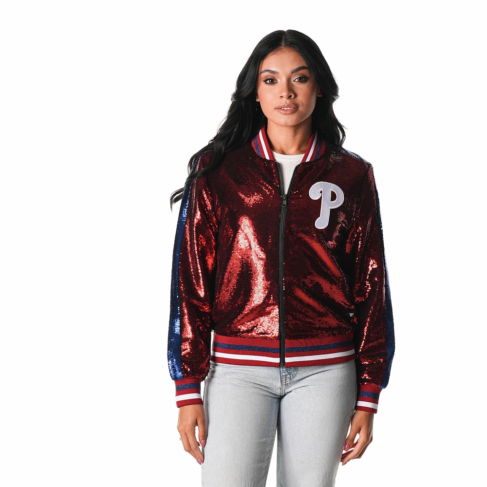 Blouson aviateur entièrement zippé à sequins The Wild Collective pour femme, bordeaux, Philadelphia Phillies