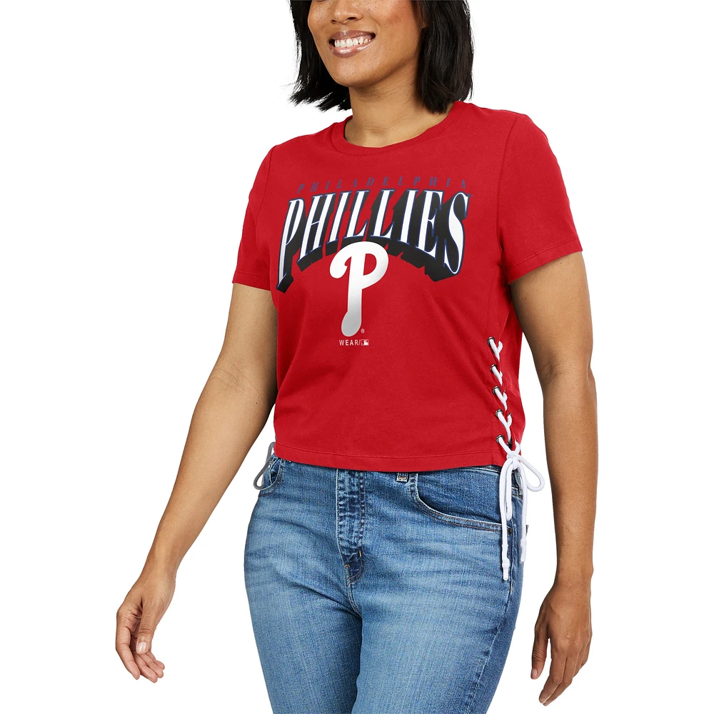 Women's WEAR by Erin Andrews Red Philadelphia Phillies Side Lace-Up Cropped T-Shirt