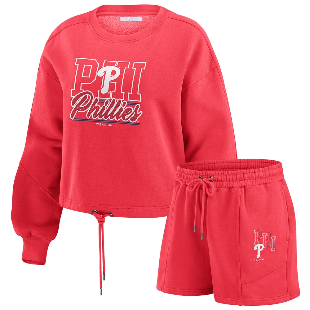 Ensemble de détente pour femme WEAR by Erin Andrews avec sweat-shirt et short en molleton délavé rouge Philadelphia Phillies