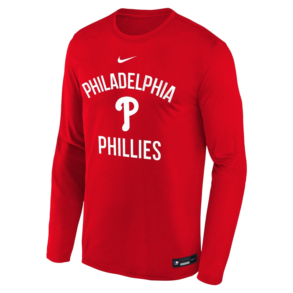 T-shirt Nike rouge à manches longues pour jeunes Philadelphia Phillies Authentic Collection Legend Performance