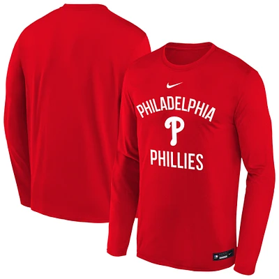 T-shirt Nike rouge à manches longues pour jeunes Philadelphia Phillies Authentic Collection Legend Performance