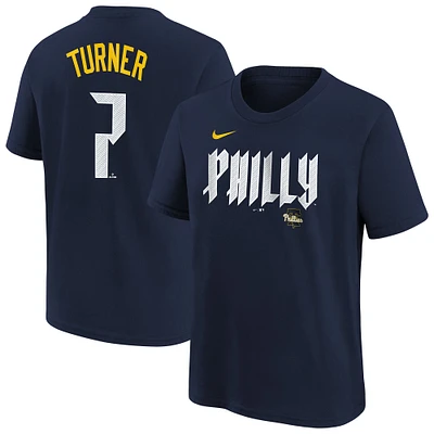T-shirt Nike Trea Turner bleu marine pour jeune, Philadelphia Phillies Fuse City Connect, avec nom et numéro