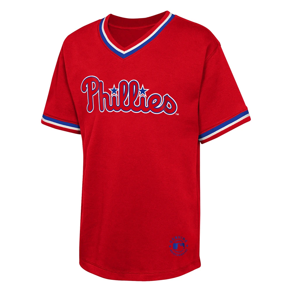 T-shirt rouge à col en V pour jeunes lanceurs de relève des Phillies Philadelphie