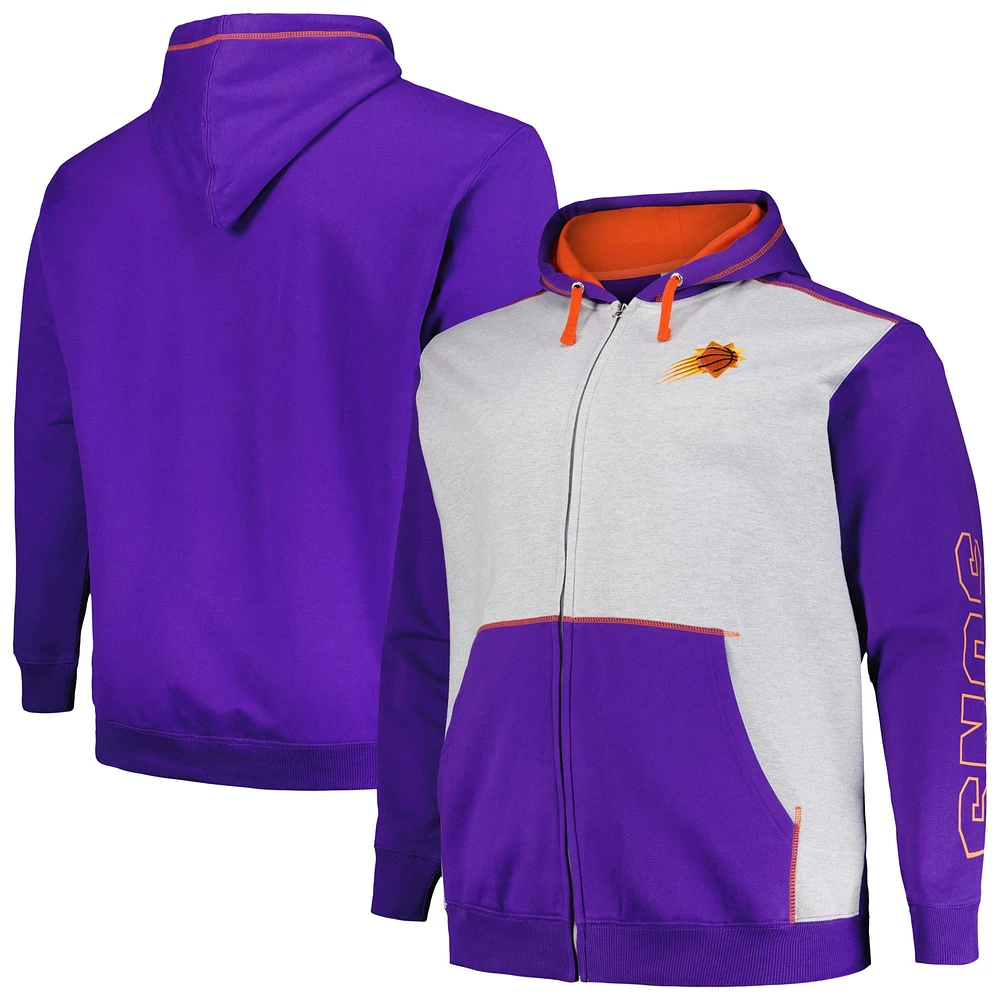 Men's Fanatics Purple/Heather Gray Phoenix Suns Big & Tall Contrast Pieced Stitched Full-Zip Hoodie