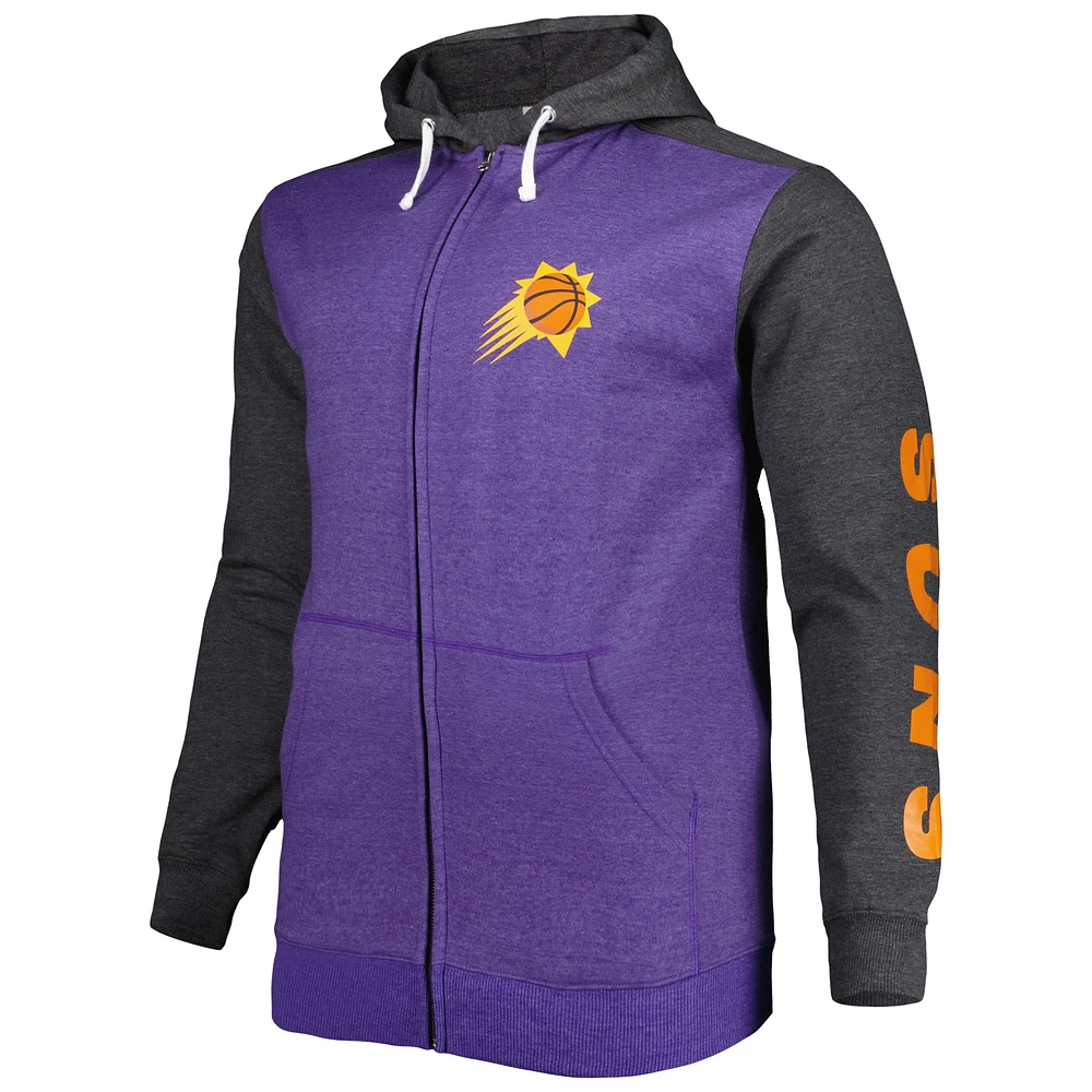 Sweat à capuche entièrement zippé pour hommes Fanatics violet/noir chiné Phoenix Suns Big & Tall Down and Distance