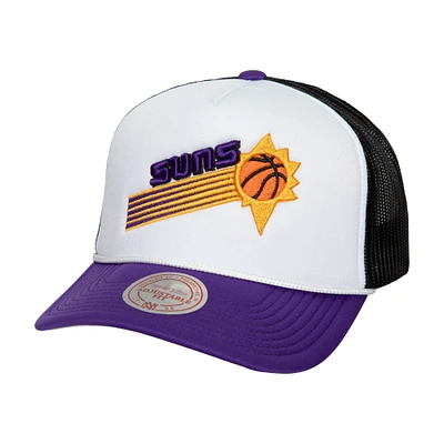 Casquette Snapback de camionneur en mousse à blocage avant Hardwood Classics des Phoenix Suns de Mitchell & Ness pour hommes, blanche