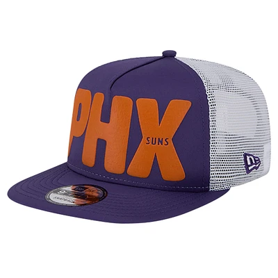 Men's New Era Purple Phoenix Suns Puff Print Team Code A-Frame 9FIFTY Trucker Snapback Hat