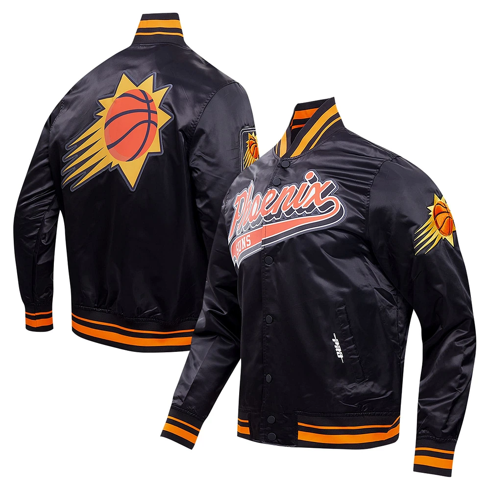 Veste universitaire en satin à bouton-pression intégrale Phoenix Suns Script Tail Pro Standard noire pour hommes