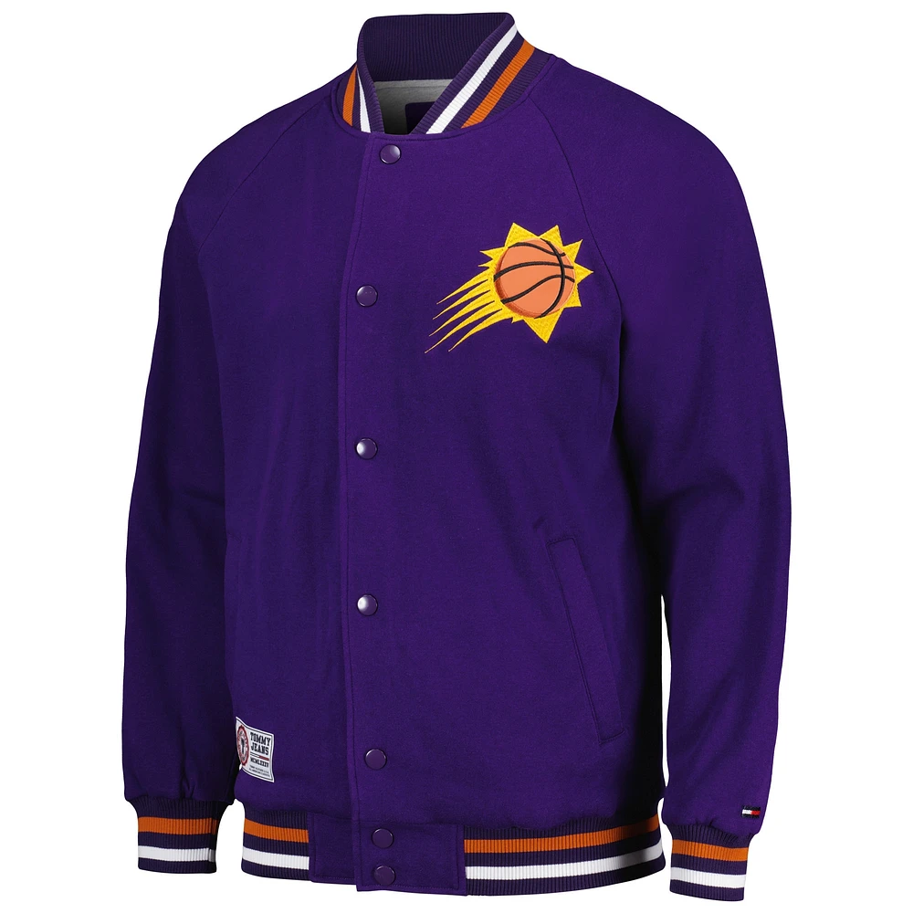 Veste universitaire à bouton-pression complète Tommy Jeans violet Phoenix Suns Dane Raglan pour hommes