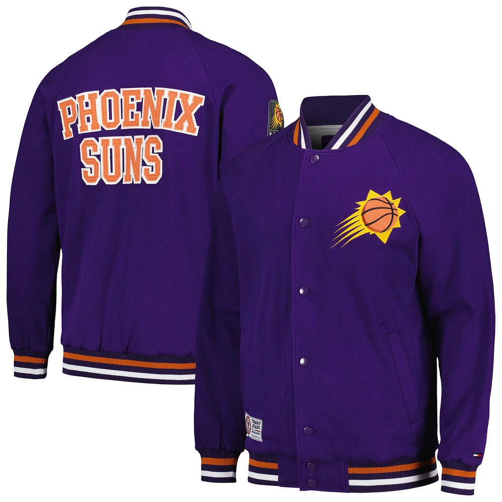 Veste universitaire à bouton-pression complète Tommy Jeans violet Phoenix Suns Dane Raglan pour hommes