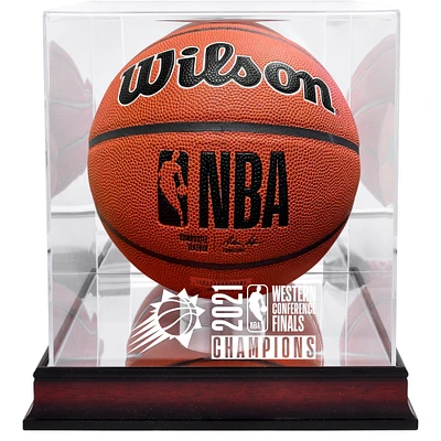 Vitrine de basket-ball en acajou avec logo des champions de la Conférence Ouest de la NBA 2021 des Phoenix Suns et dos en miroir