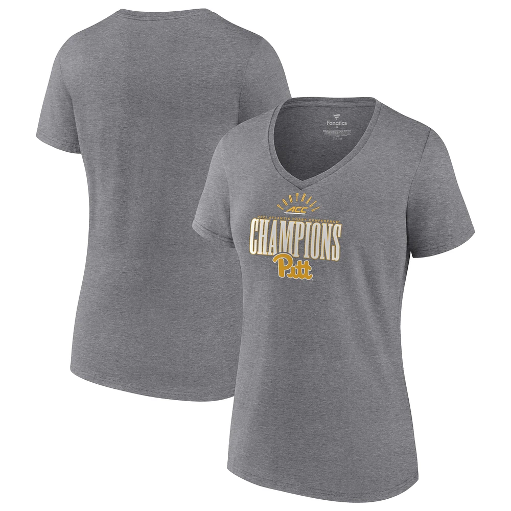 Women's Fanatics Heathered Gray Pitt Panthers 2021 ACC Football Conference Champions V-Neck T-Shirt