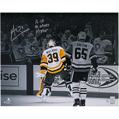 Photographie autographiée de célébration de but du gardien des Penguins de Pittsburgh par Alex Nedeljkovic (16 x 20 pouces) avec plusieurs inscriptions - Édition limitée n° 1/25