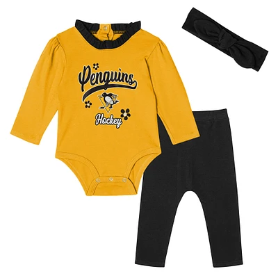 Girls Infant Pittsburgh Penguins 3-Piece Rink Queen Long Sleeve Bodysuit, Pants & Headband Set